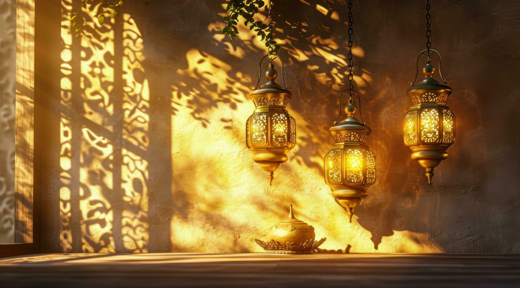 AI generated 3 gold hanging lanterns on the wall next to a table photo