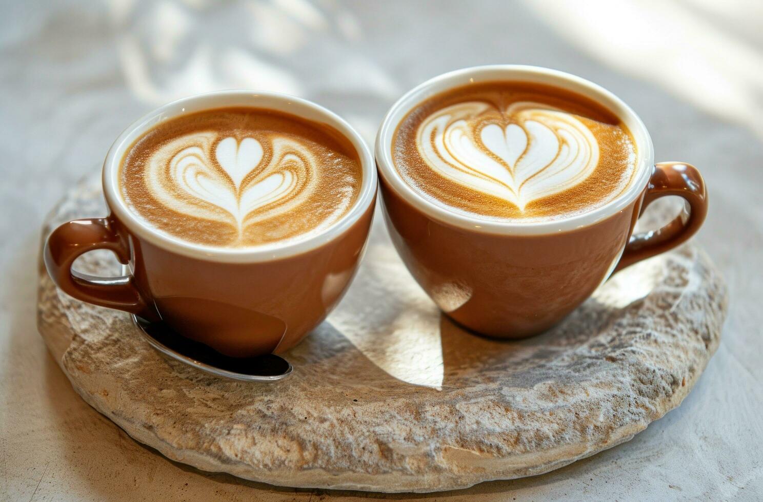 AI generated two latte with heart latte art on a tray photo