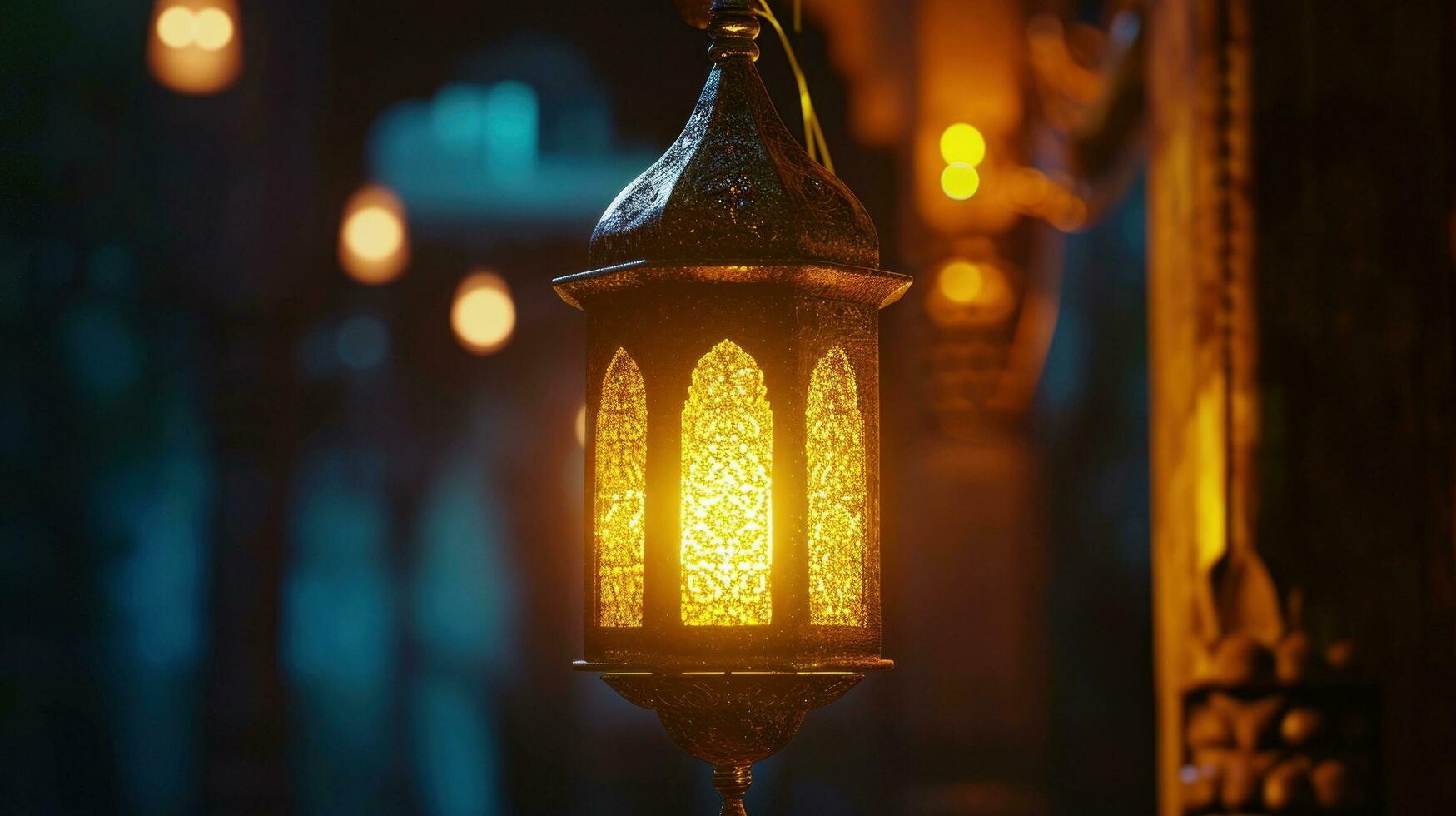AI generated a traditional arabian lantern lit by candle light is on fire in front of the sun photo