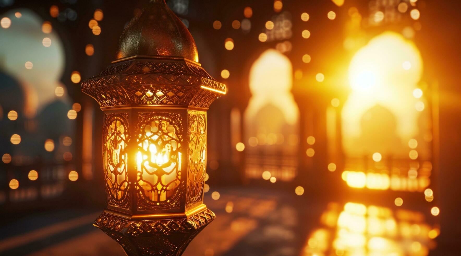 AI generated a traditional arabian lantern lit by candle light is on fire in front of the sun photo