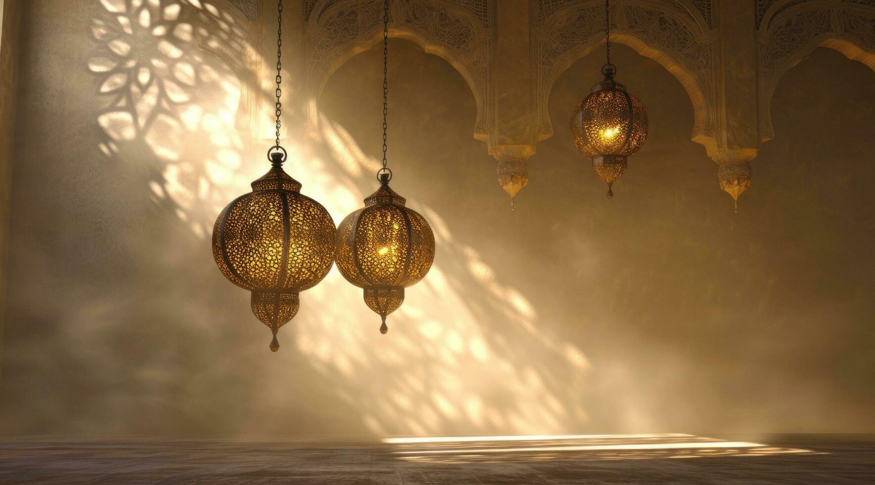 AI generated three hanging arabic lamps in front of a blank background photo