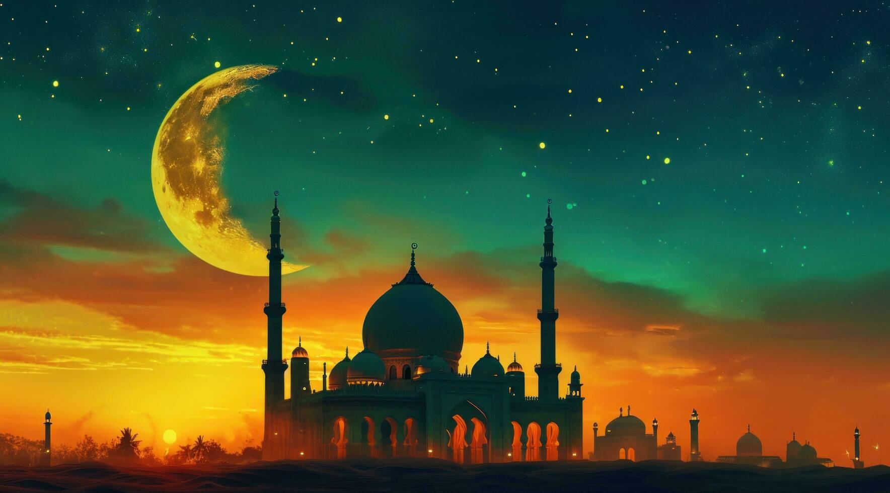AI generated a mosque sitting under a moon that offers a view of the sunset photo