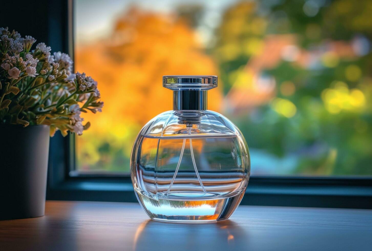 ai generado un perfume botella en un mesa en frente de el ventana foto