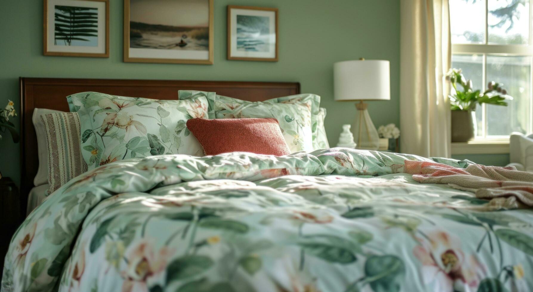 AI generated a green and white striped bedroom with a headboard photo