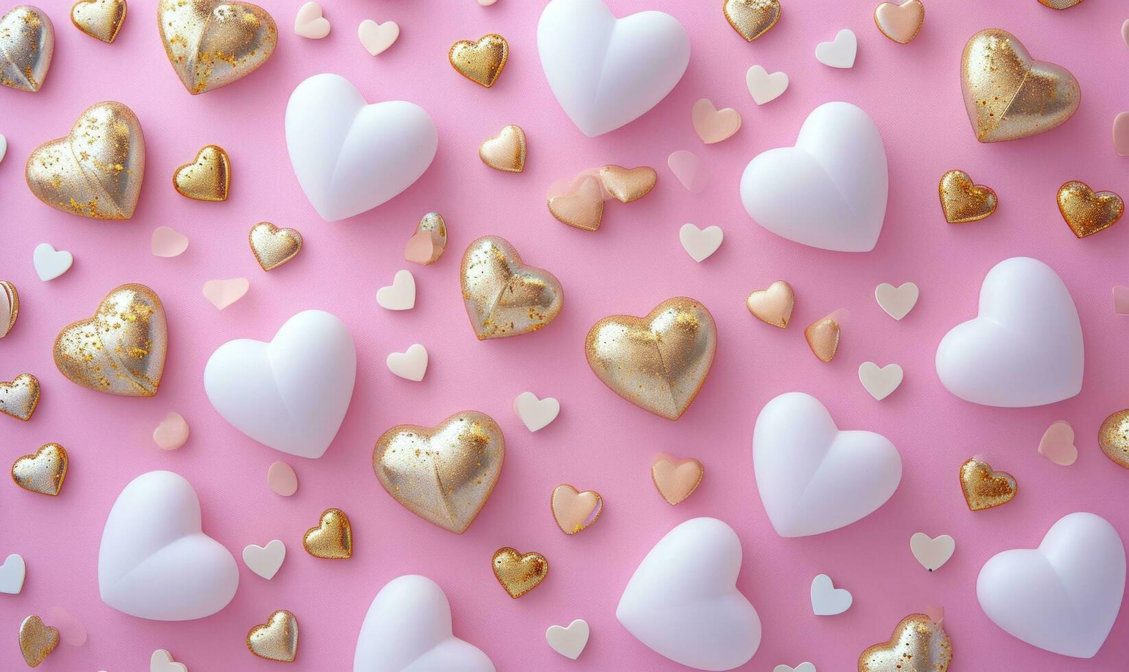 AI generated a pink background filled with golden and white coloured hearts photo