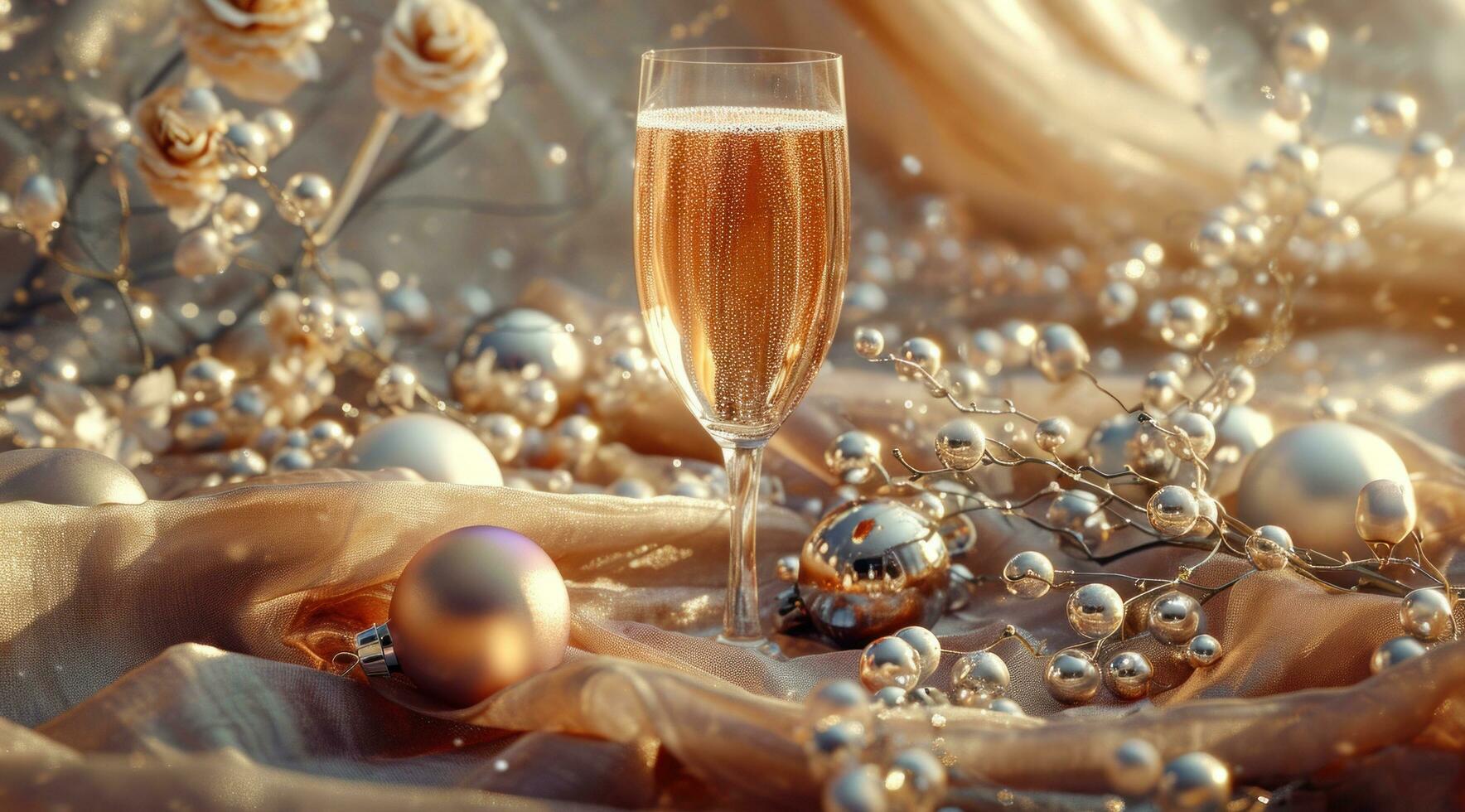 AI generated a glass of champagne is in front of some flowers and christmas decorations on a bed photo