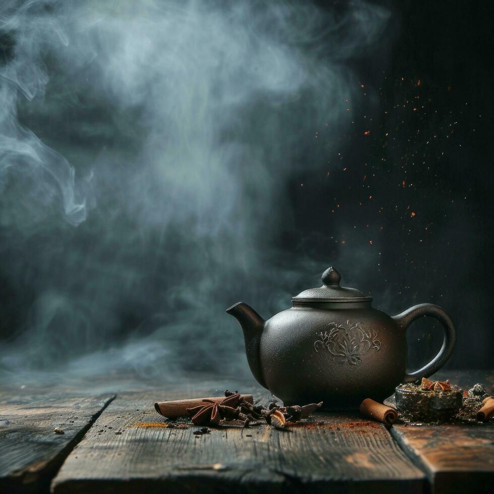 AI generated a teapot on a wooden table sits on a table next to some spices on a dark background photo