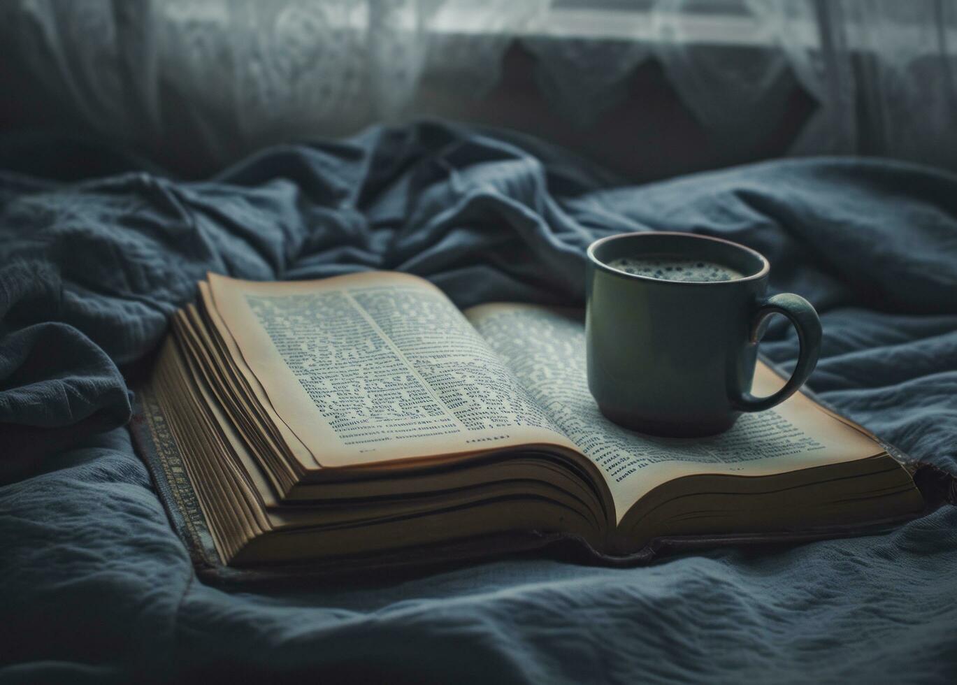 AI generated a cup is sitting on an open book on the bed photo