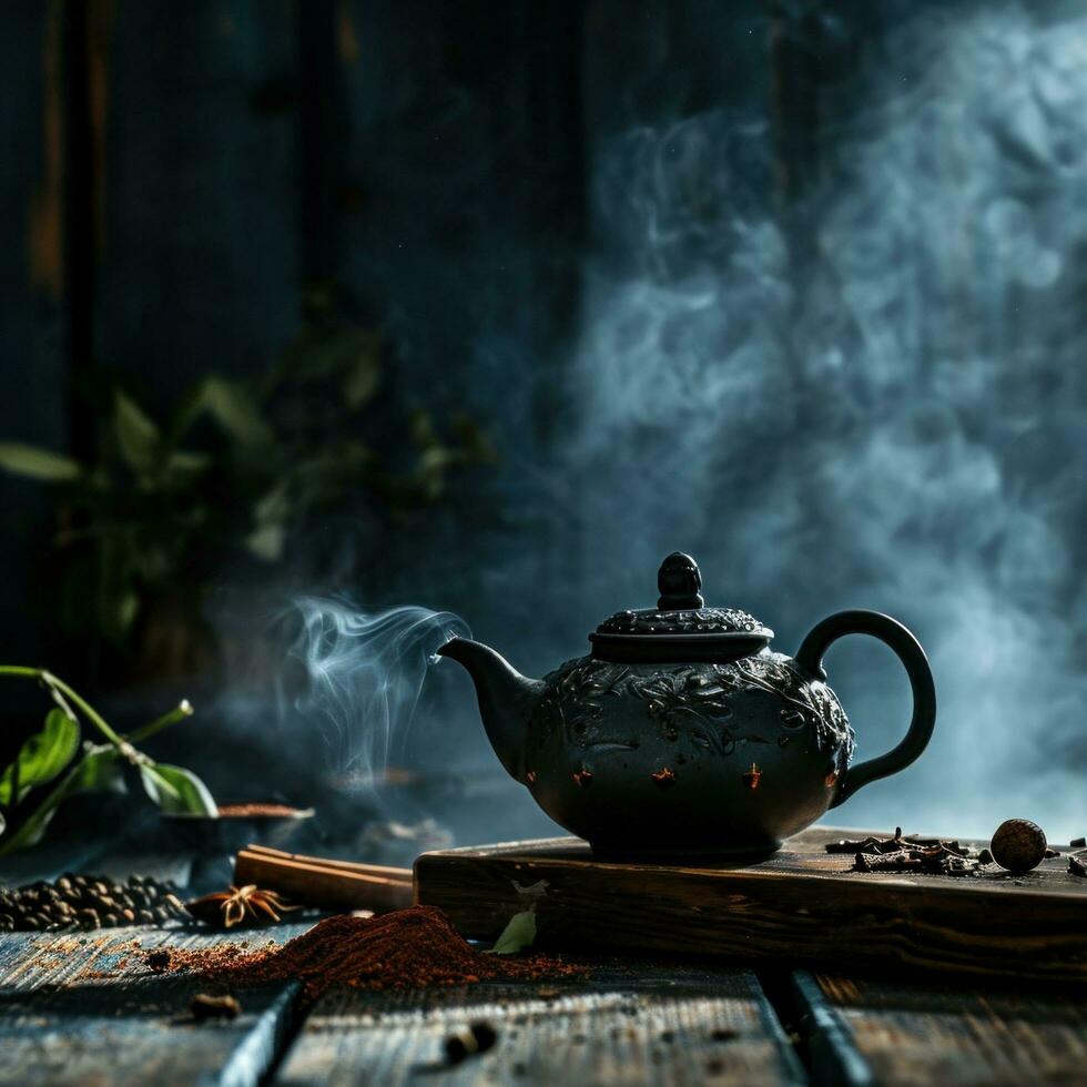 AI generated a teapot on a wooden table sits on a table next to some spices on a dark background photo