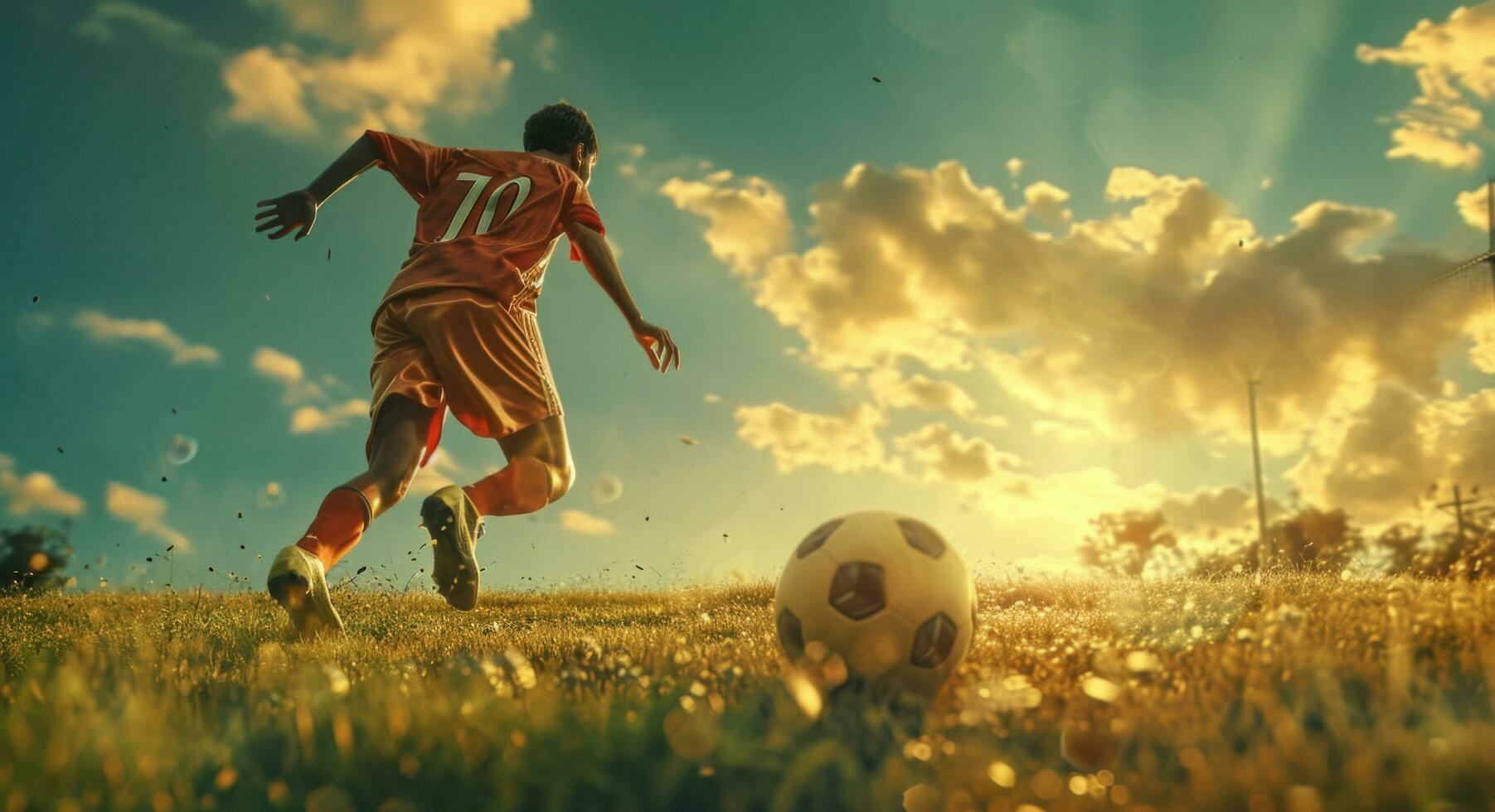 ai generado un fútbol jugador patadas un pelota en el campo foto