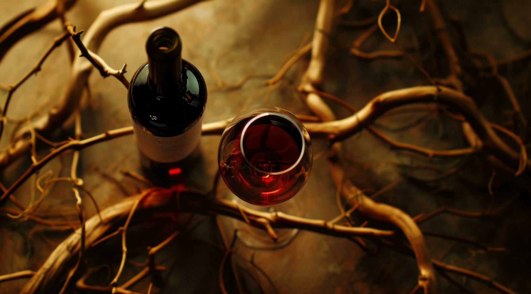 ai generado un botella de rojo vino y vaso en un de madera superficie foto