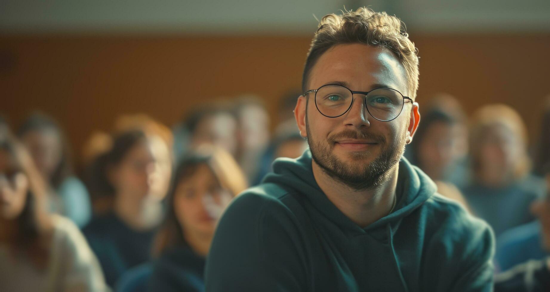 AI generated a man in glasses and a beard in front of a crowd photo