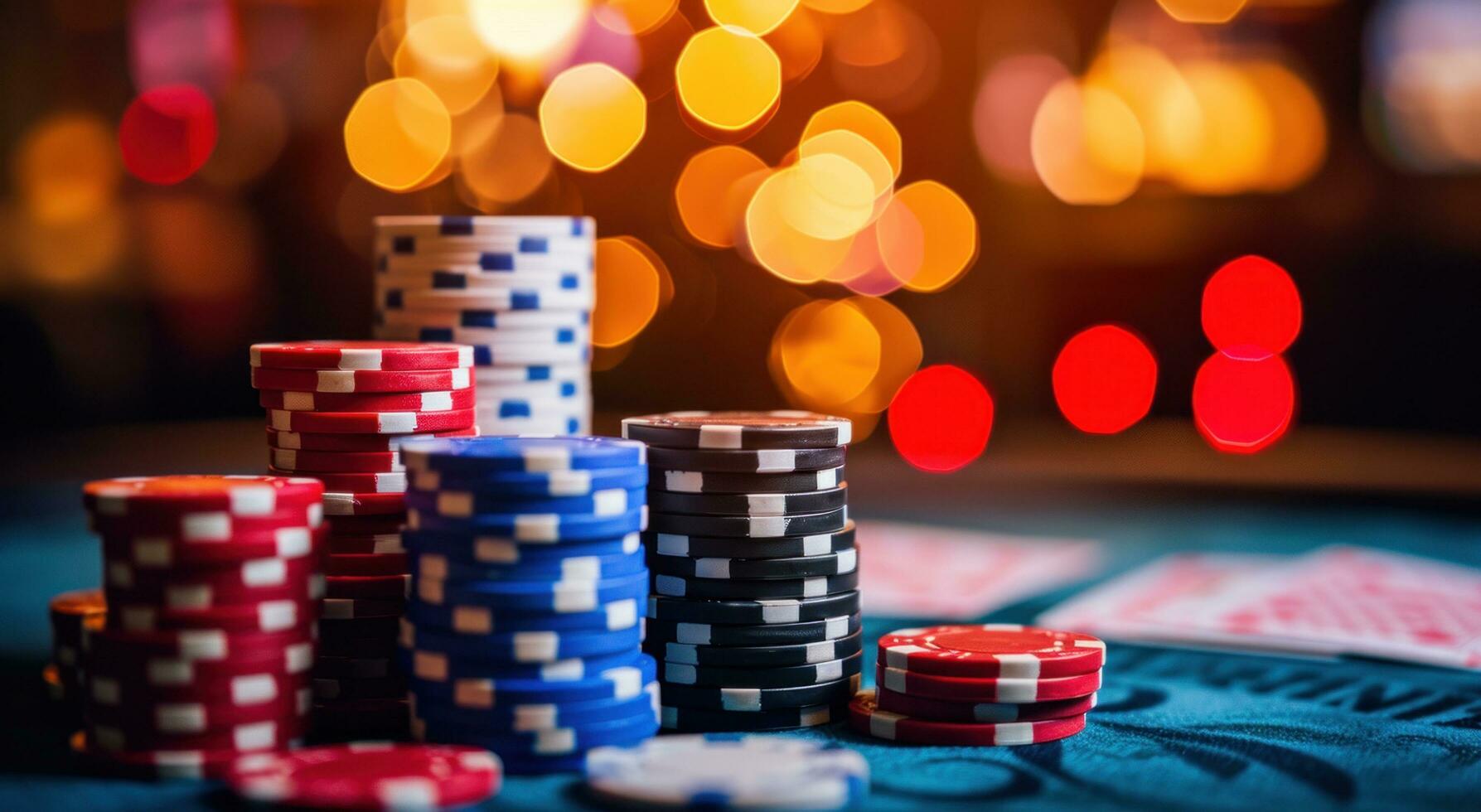 AI generated a stack of poker chips in front of some lights in a casino room photo