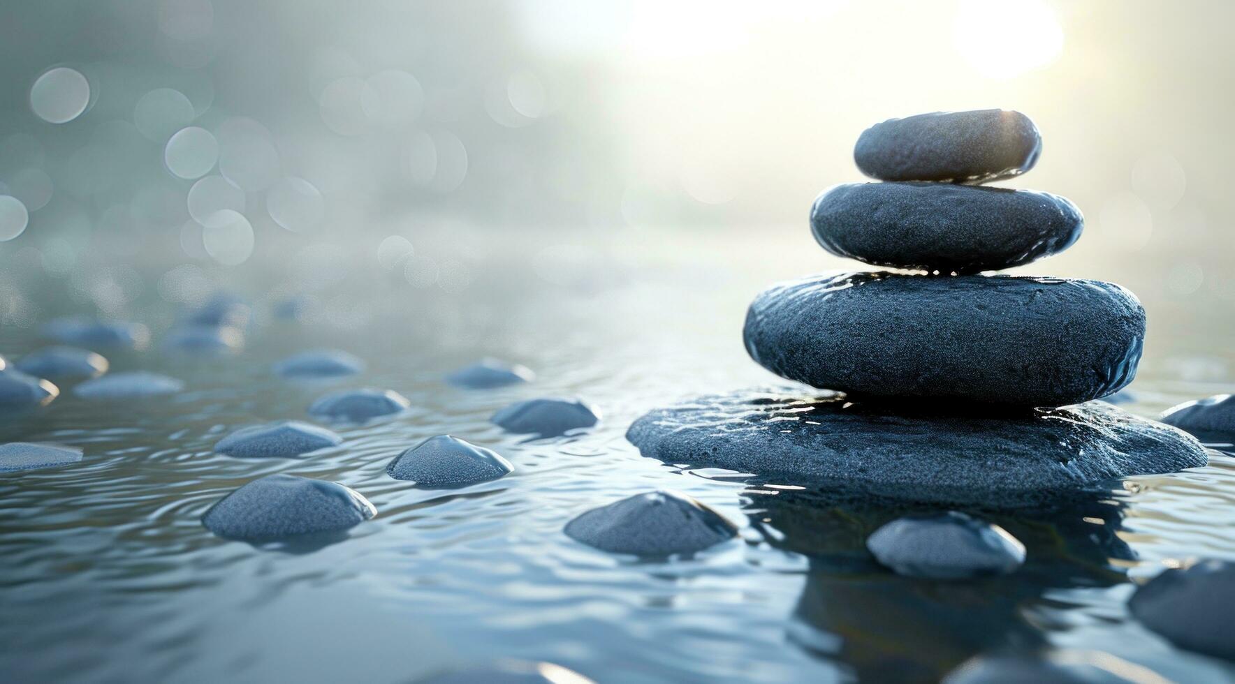 AI generated a stack of rocks next to the water and sunlight photo