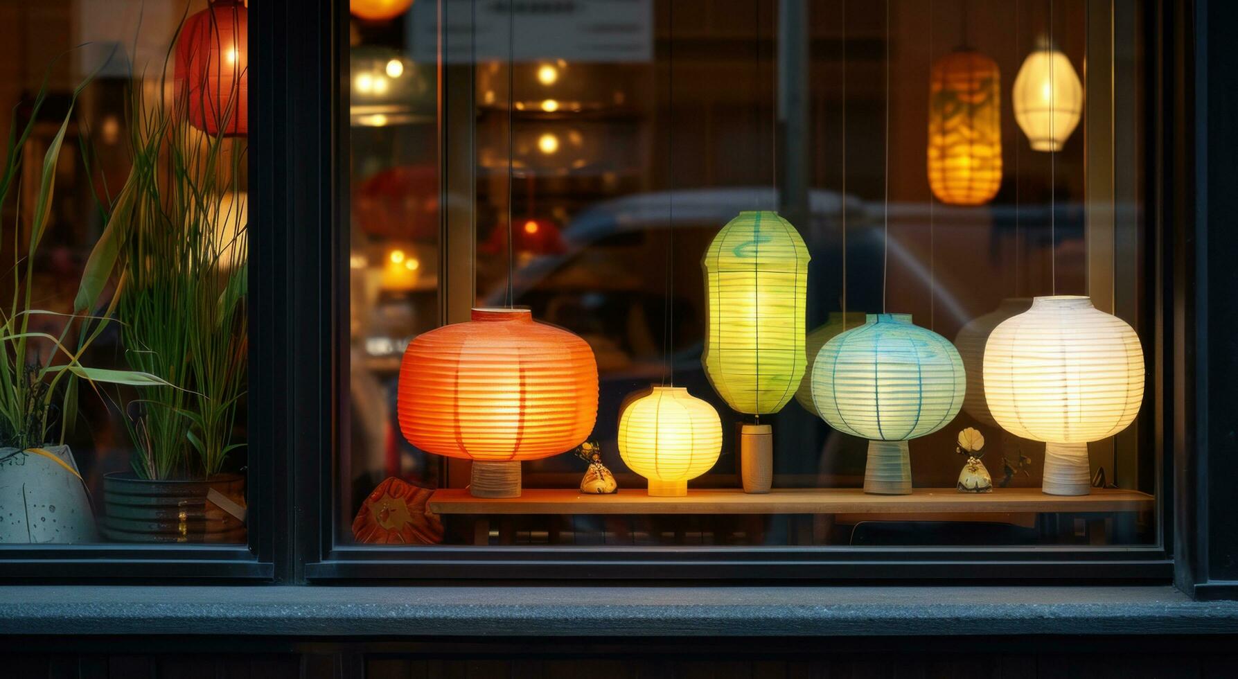 AI generated a small group of colorful paper lanterns sit in the window photo