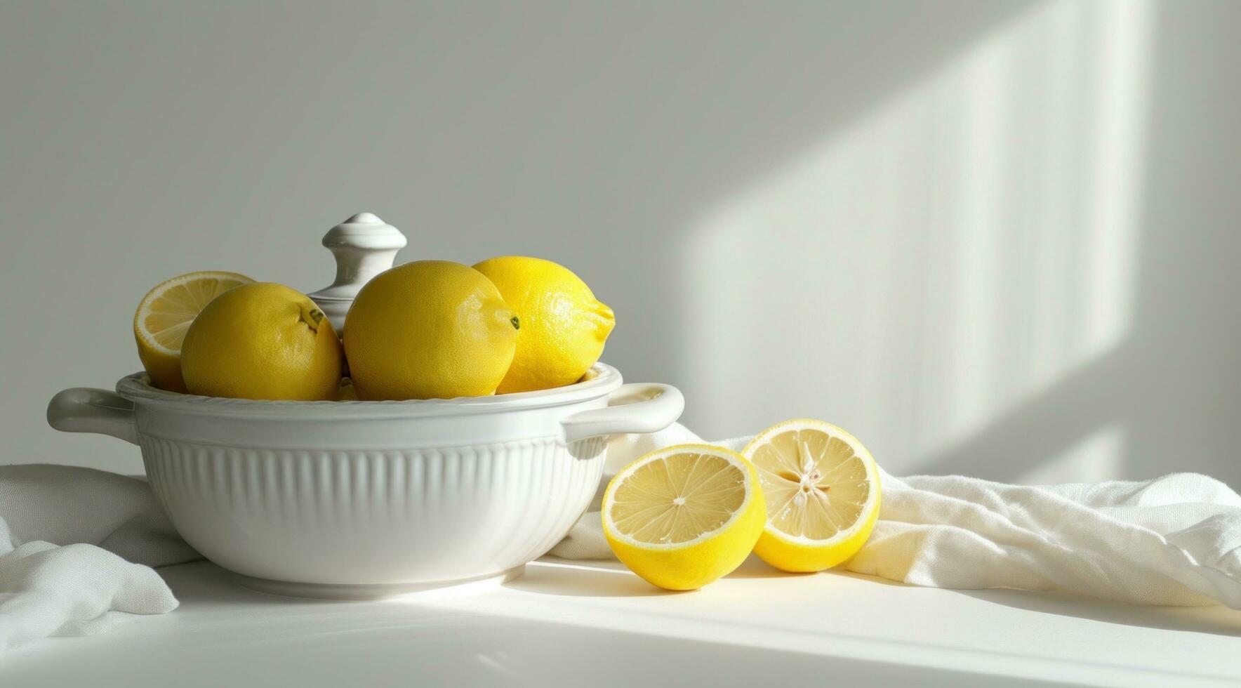 AI generated a pot and lemons next to one another on a white background photo