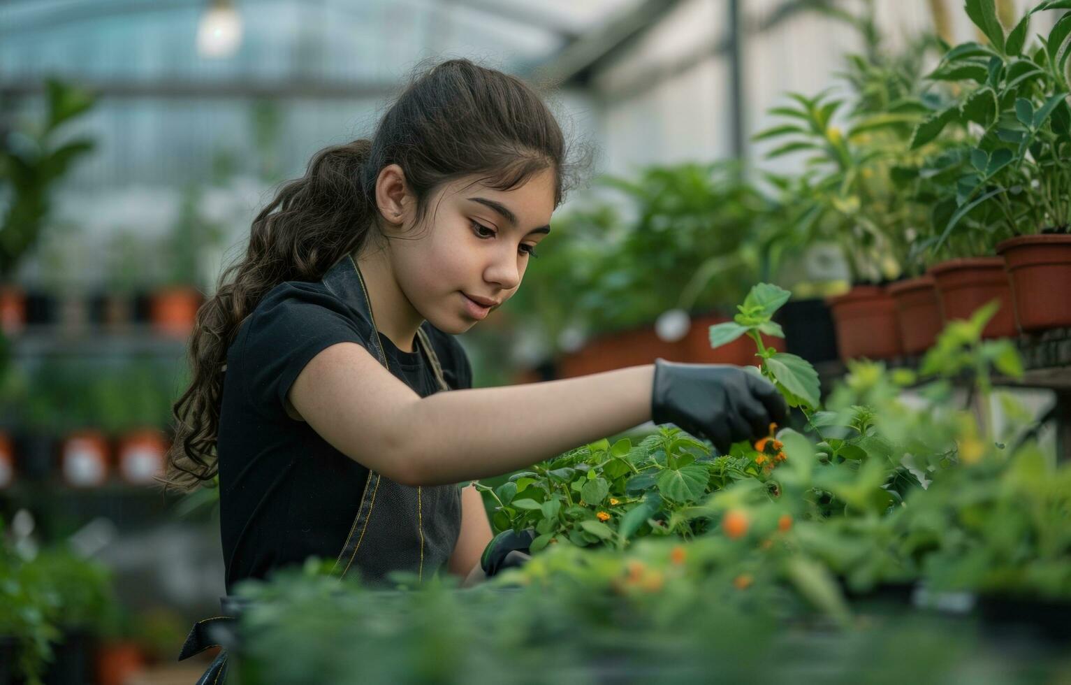 ai generado un joven niña en un negro delantal es trabajando en plantas en su invernadero foto