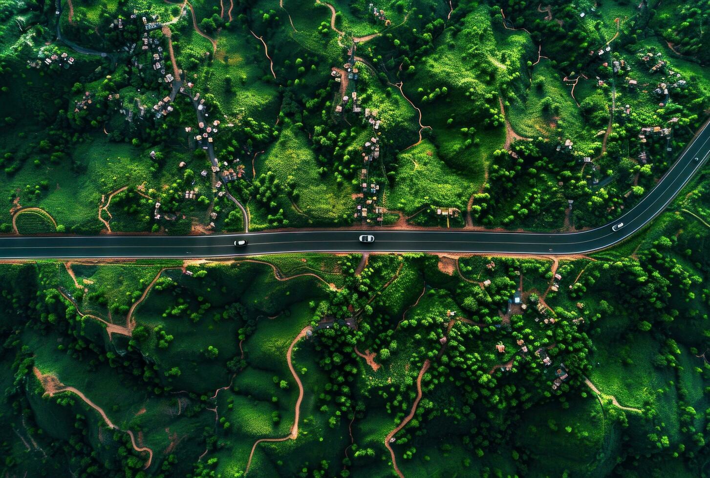 AI generated aerial view of a road through an evergreen forest photo