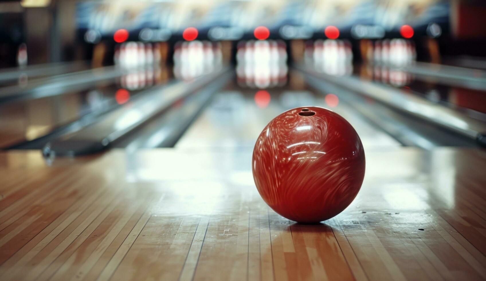 AI generated bowling ball at the front of a pins with many other bowling balls photo