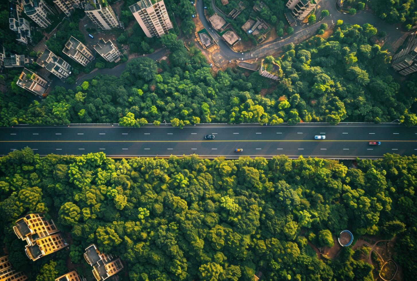 AI generated aerial view of a road through an evergreen forest photo