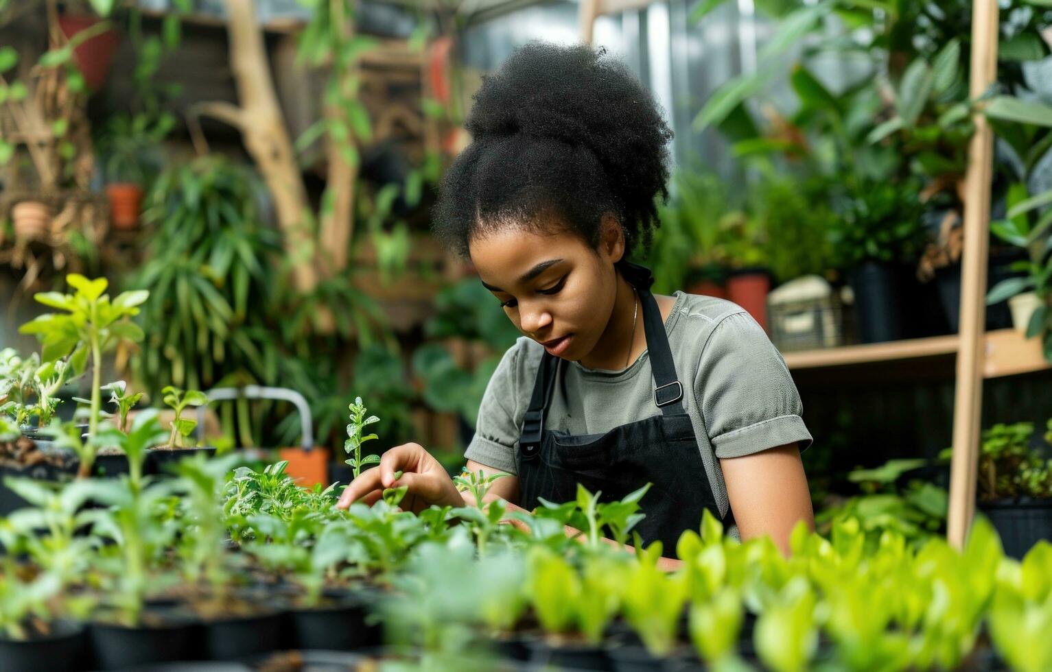 AI generated a young girl in a black apron is working on plants in her greenhouse photo