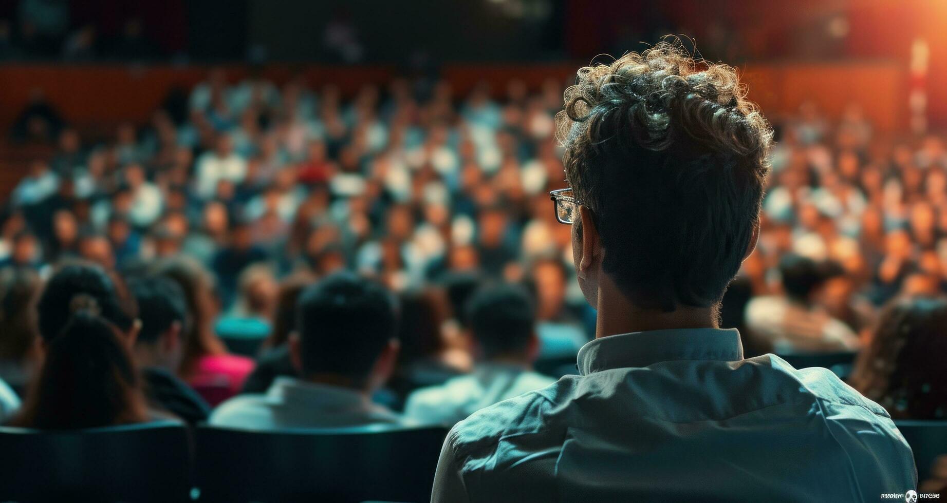 AI generated a man in glasses and a beard in front of a crowd photo