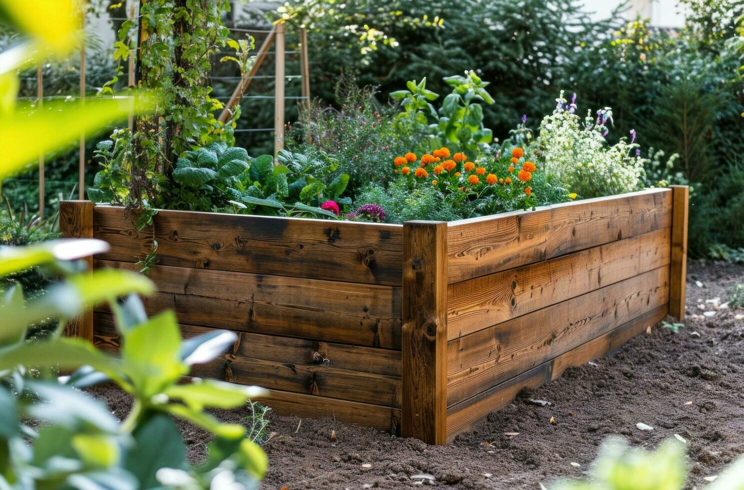 AI generated a wooden raised garden bed in a garden photo