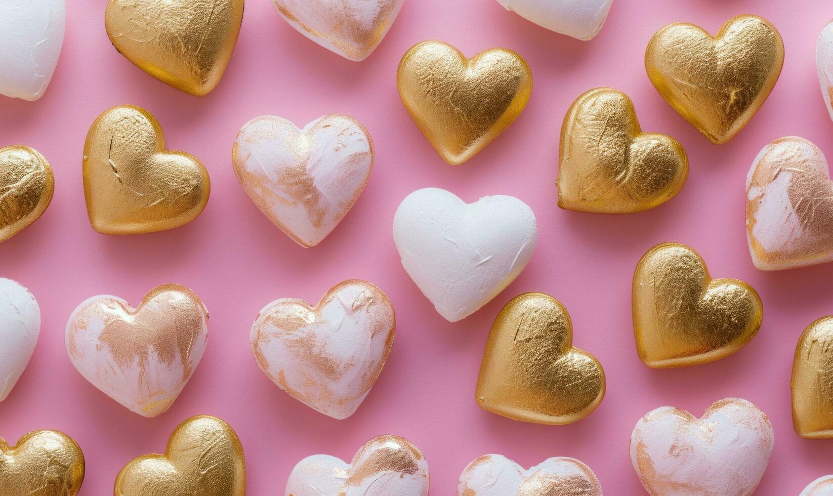 AI generated a pink background filled with golden and white coloured hearts photo