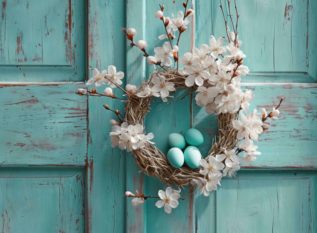 AI generated an easter egg in a white wreath hanging, on a wooden door photo