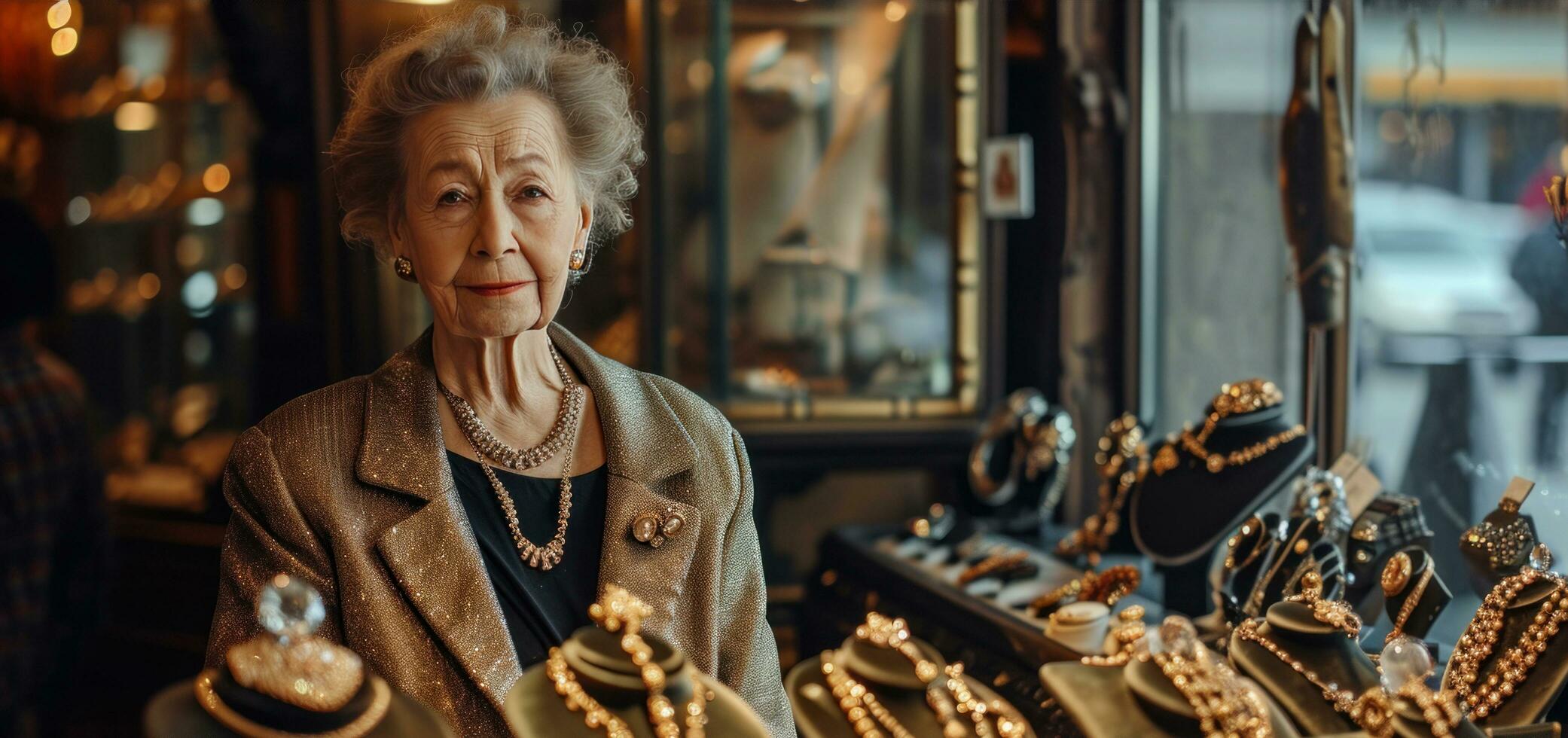 AI generated an older woman is standing in a jewelry store photo