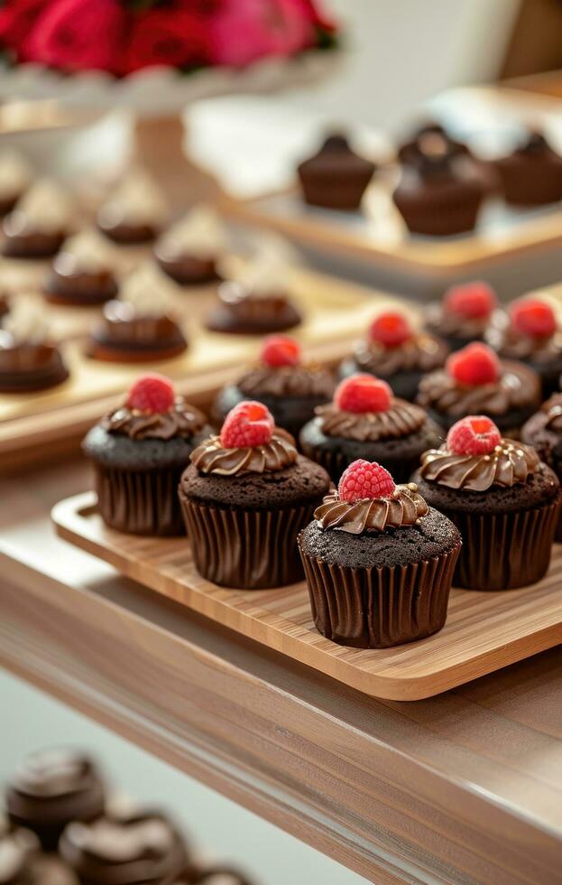 AI generated chocolate cupcakes and chocolate desserts on wooden trays photo