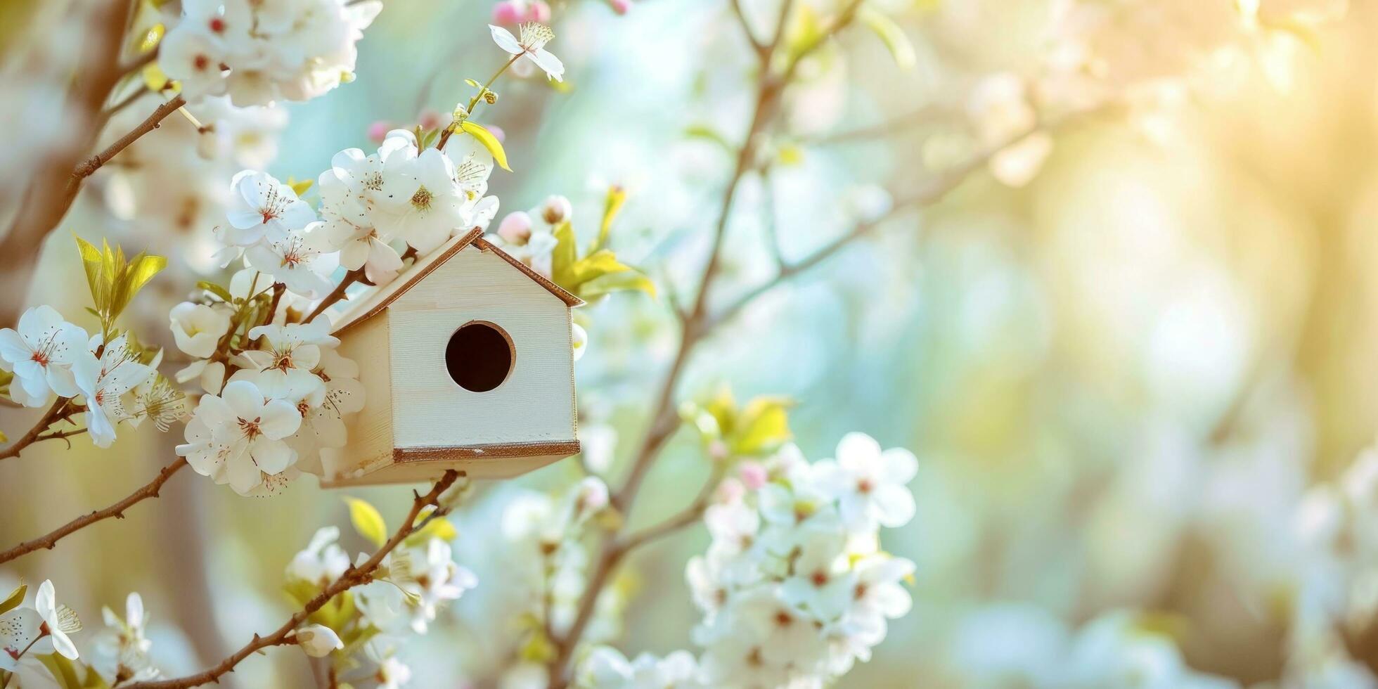 AI generated bird house on spring blossom trees photo