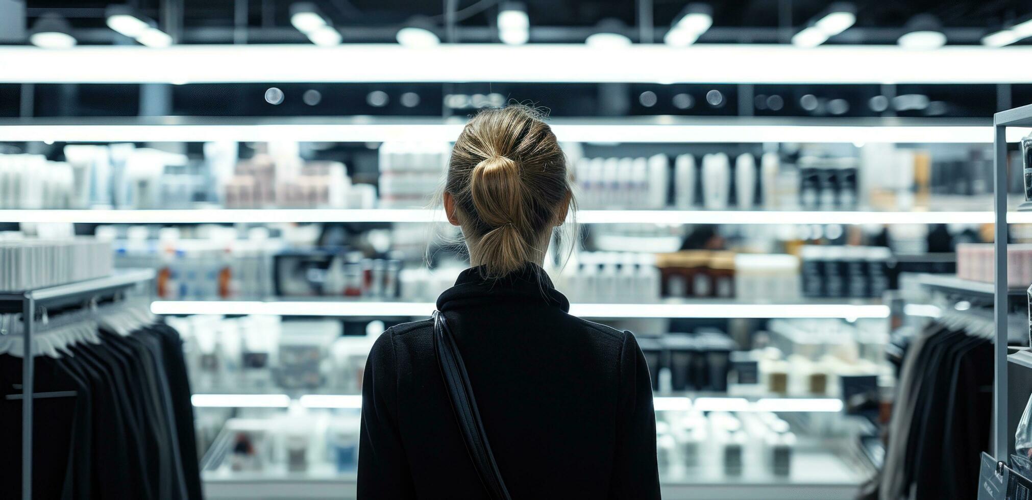 AI generated an image with a woman in black standing alone in a store photo