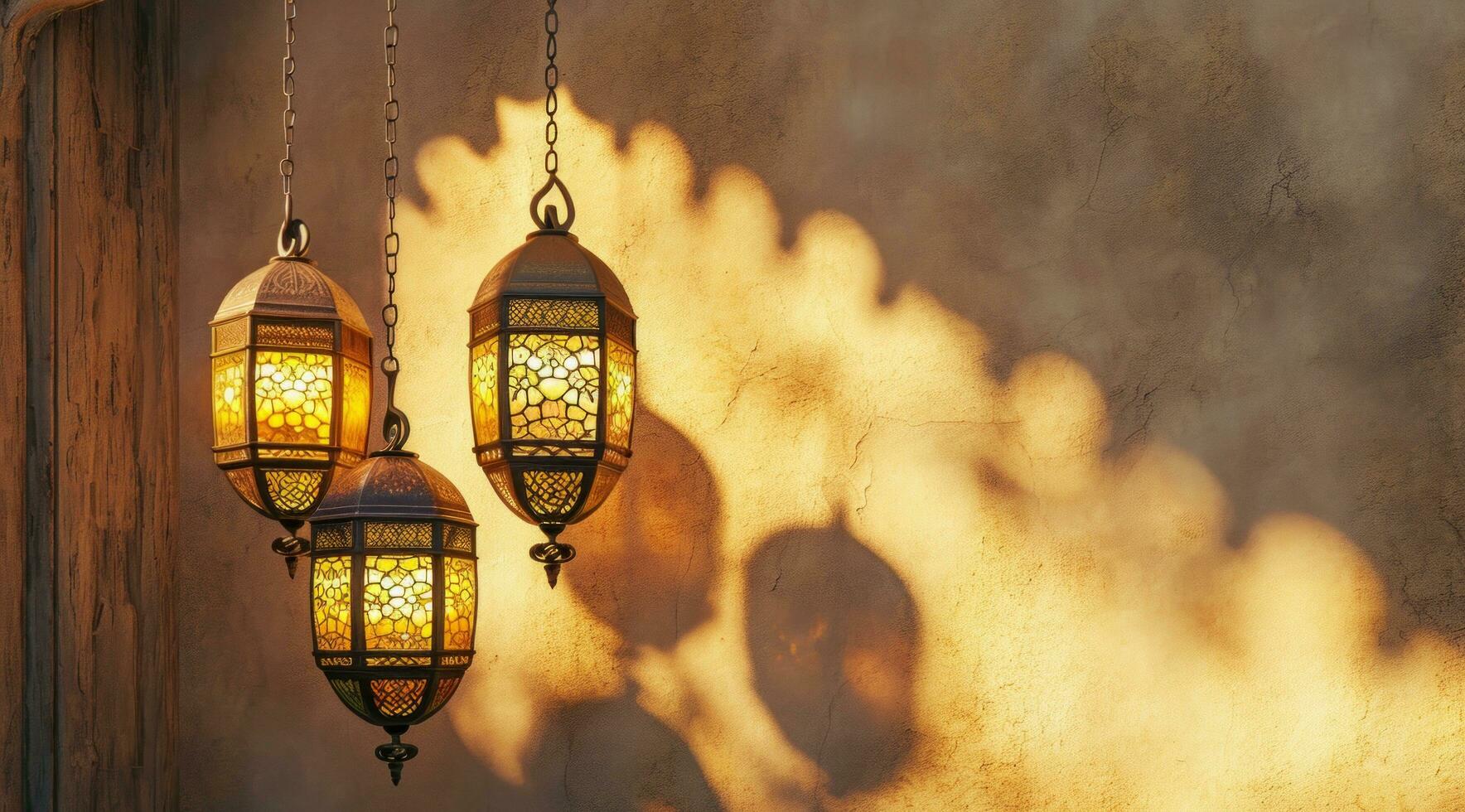 AI generated arabic lamps hanging on wall morocco wallpaper photo