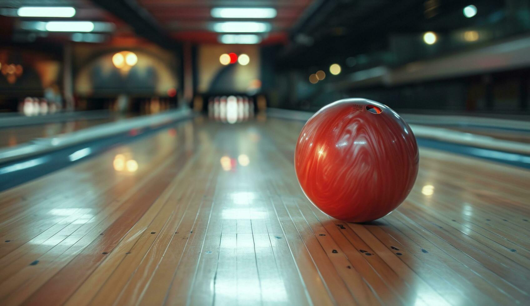 AI generated bowling ball at the front of a pins with many other bowling balls photo