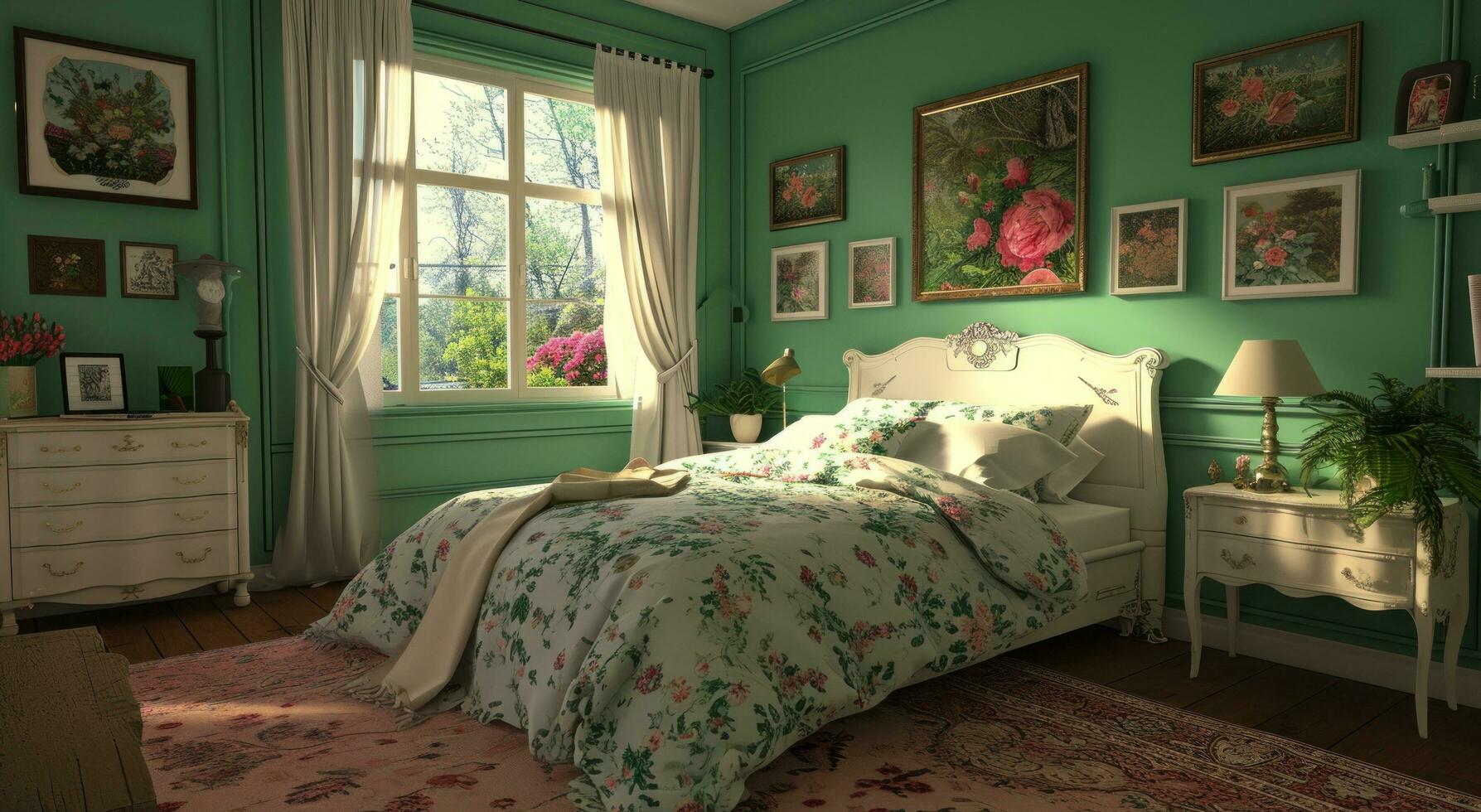 ai generado un habitación jactancia verde paredes, blanco lino cama y floral huellas dactilares foto