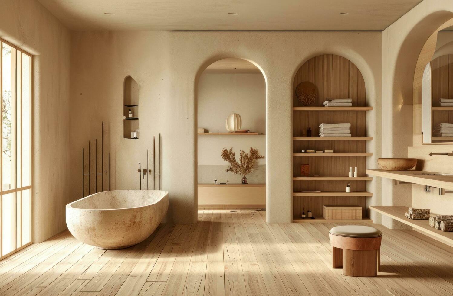 AI generated an elegant bathroom filled with wooden shelves and wooden floors photo