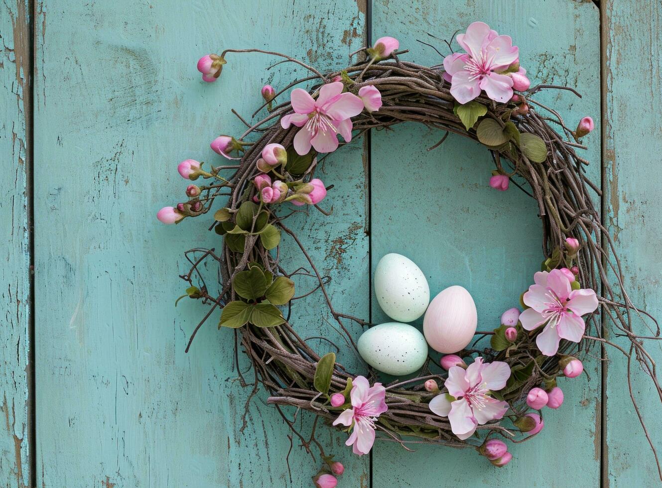 AI generated a wreath made of pink flowers with two eggs photo