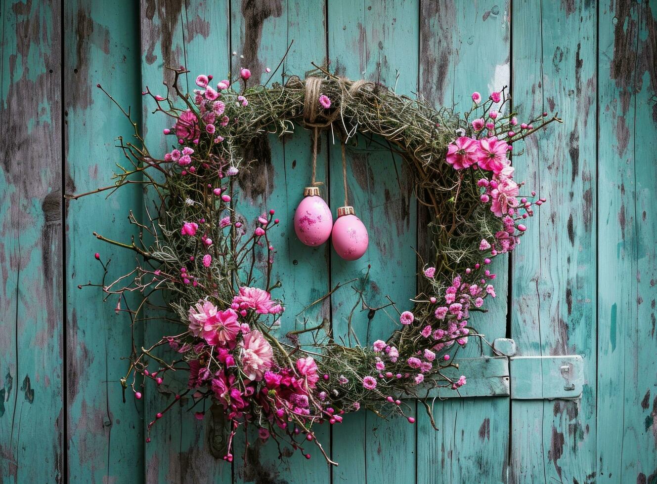 ai generado un Pascua de Resurrección huevo en un blanco guirnalda colgante, en un de madera puerta foto