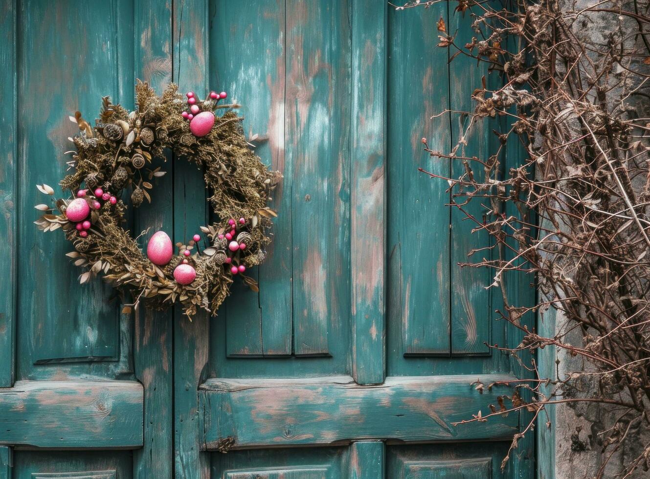 AI generated an easter egg in a white wreath hanging, on a wooden door photo
