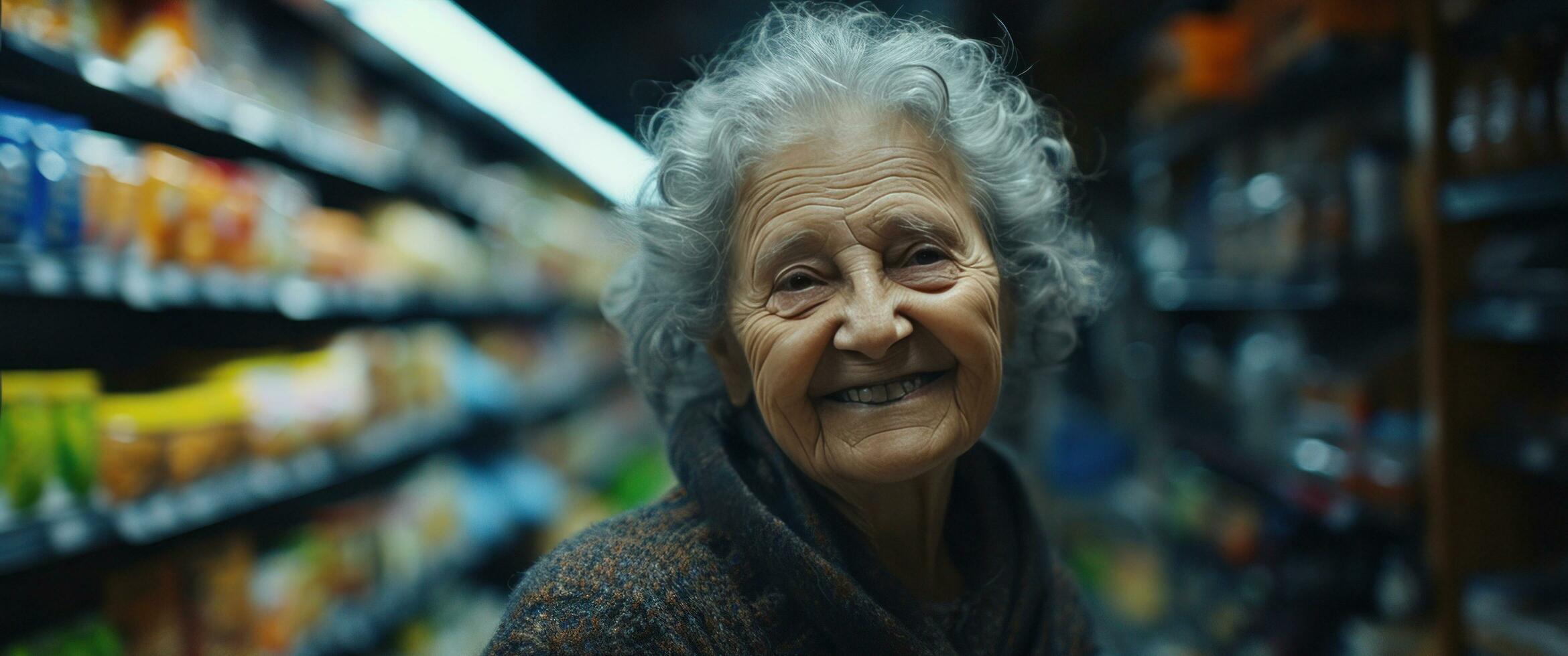 AI generated an elderly woman smiling in a dark aisle photo