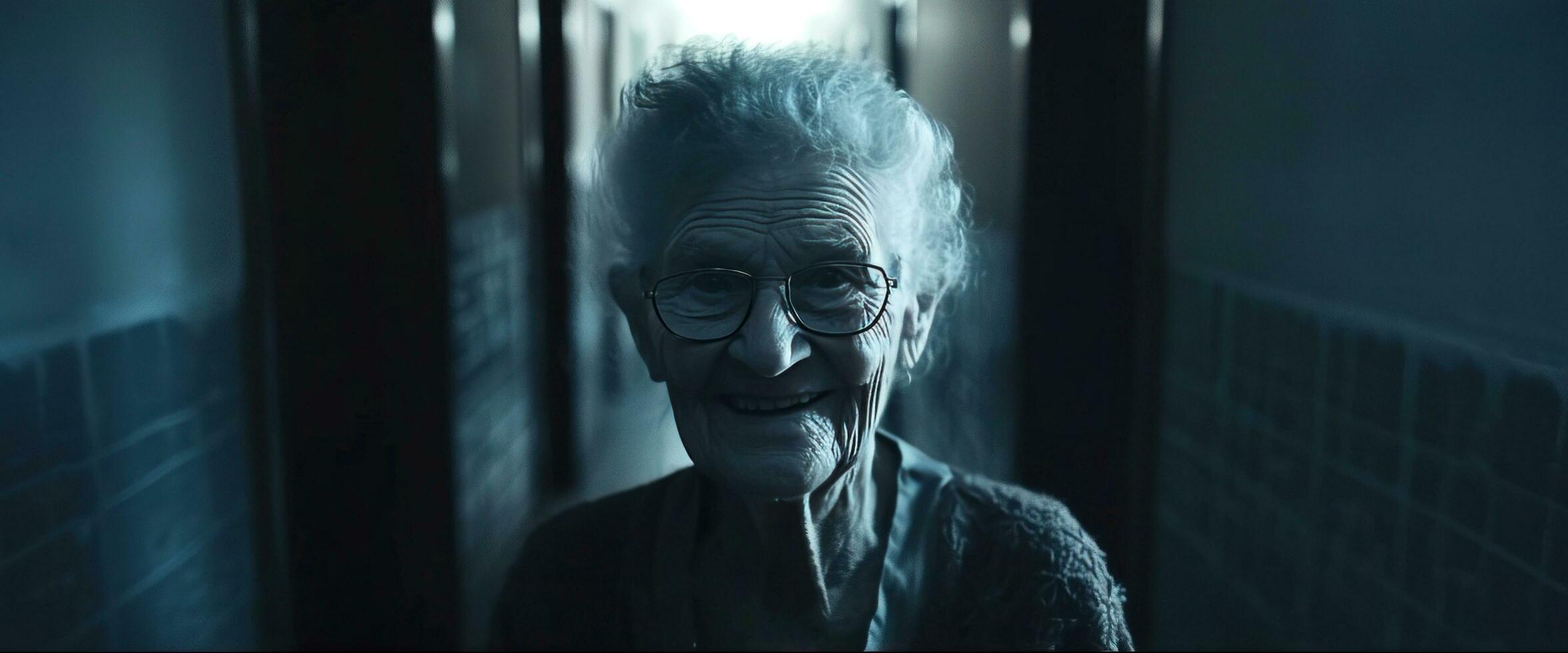 AI generated an elderly woman smiling in a dark aisle photo