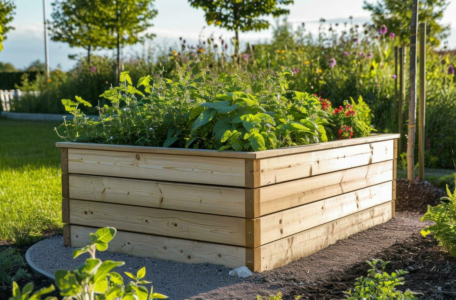 AI generated a wooden raised garden bed in a garden photo