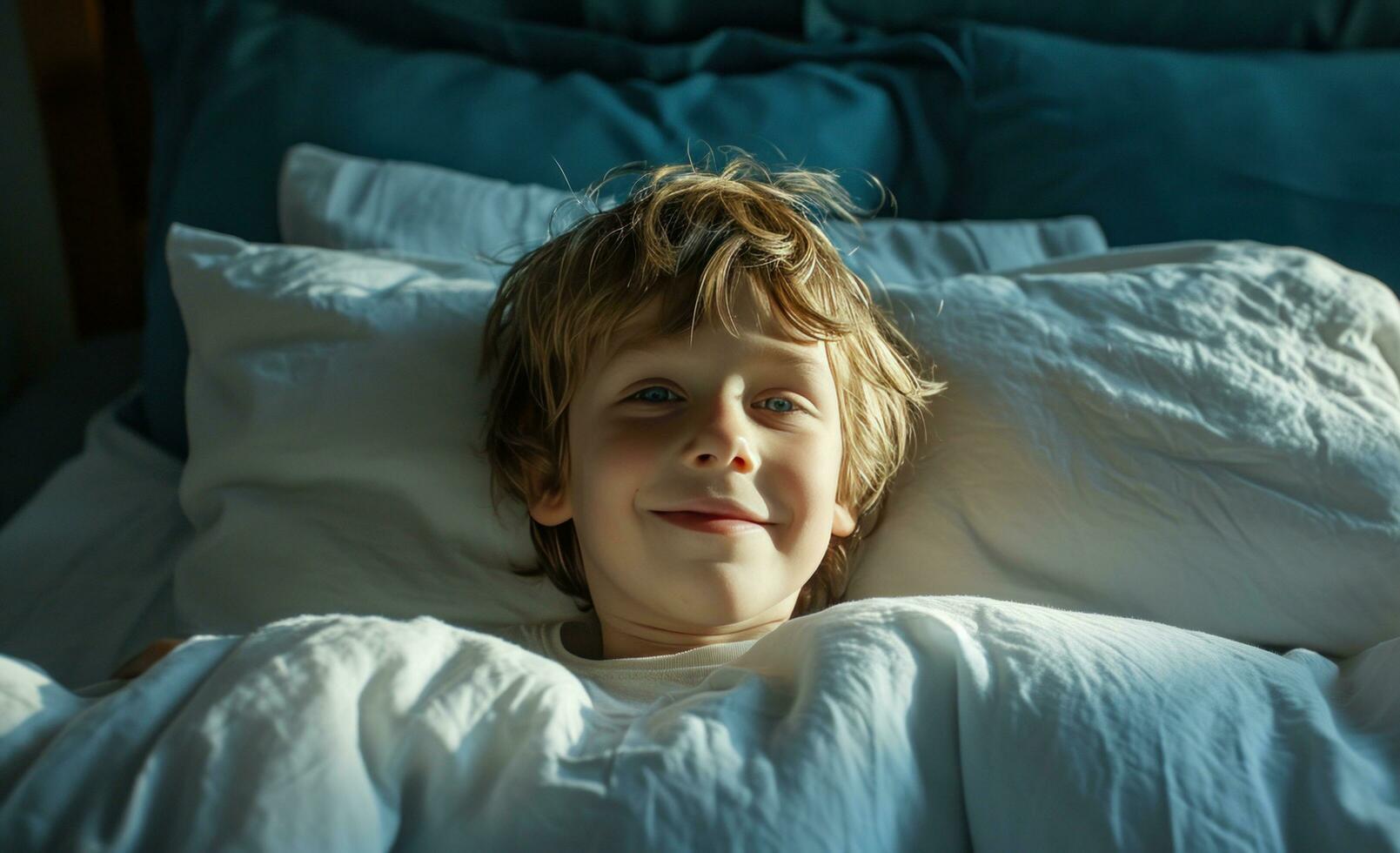 AI generated boy smiling in bed photo