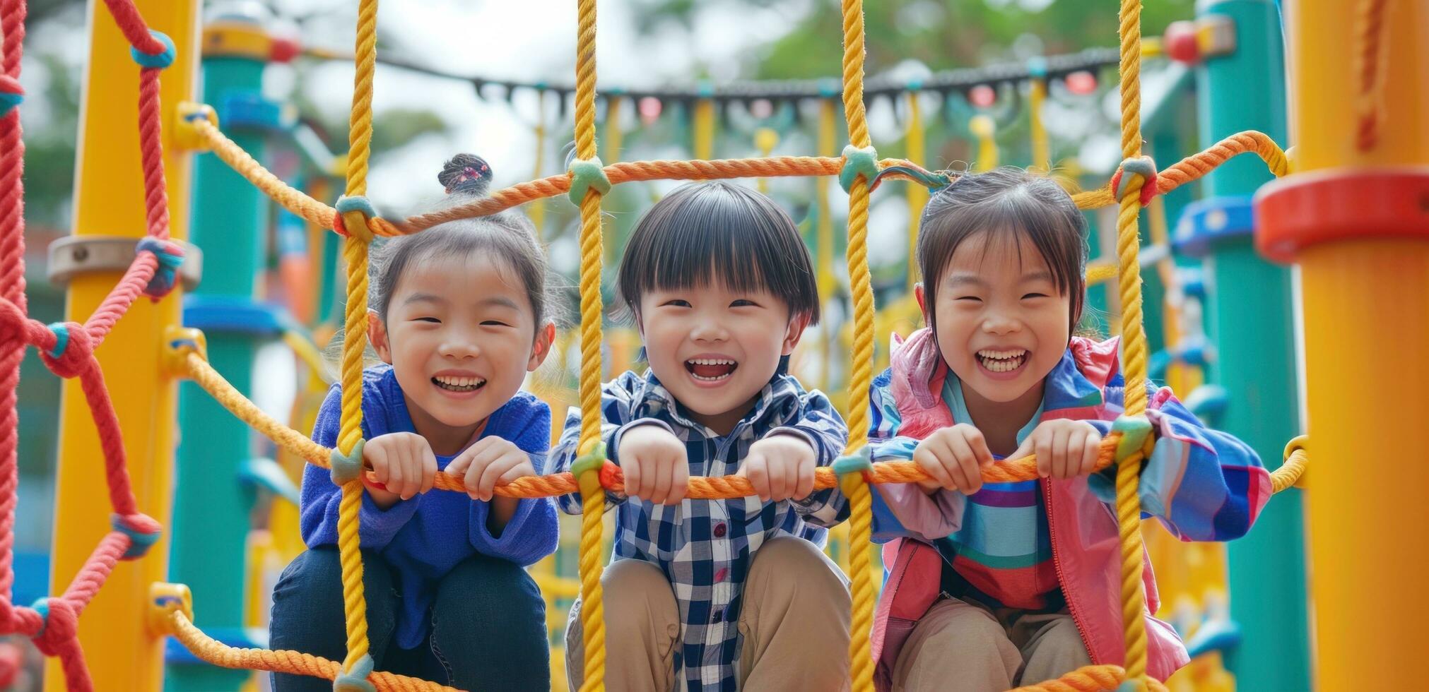 AI generated children holding up colorful rope in children play center photo