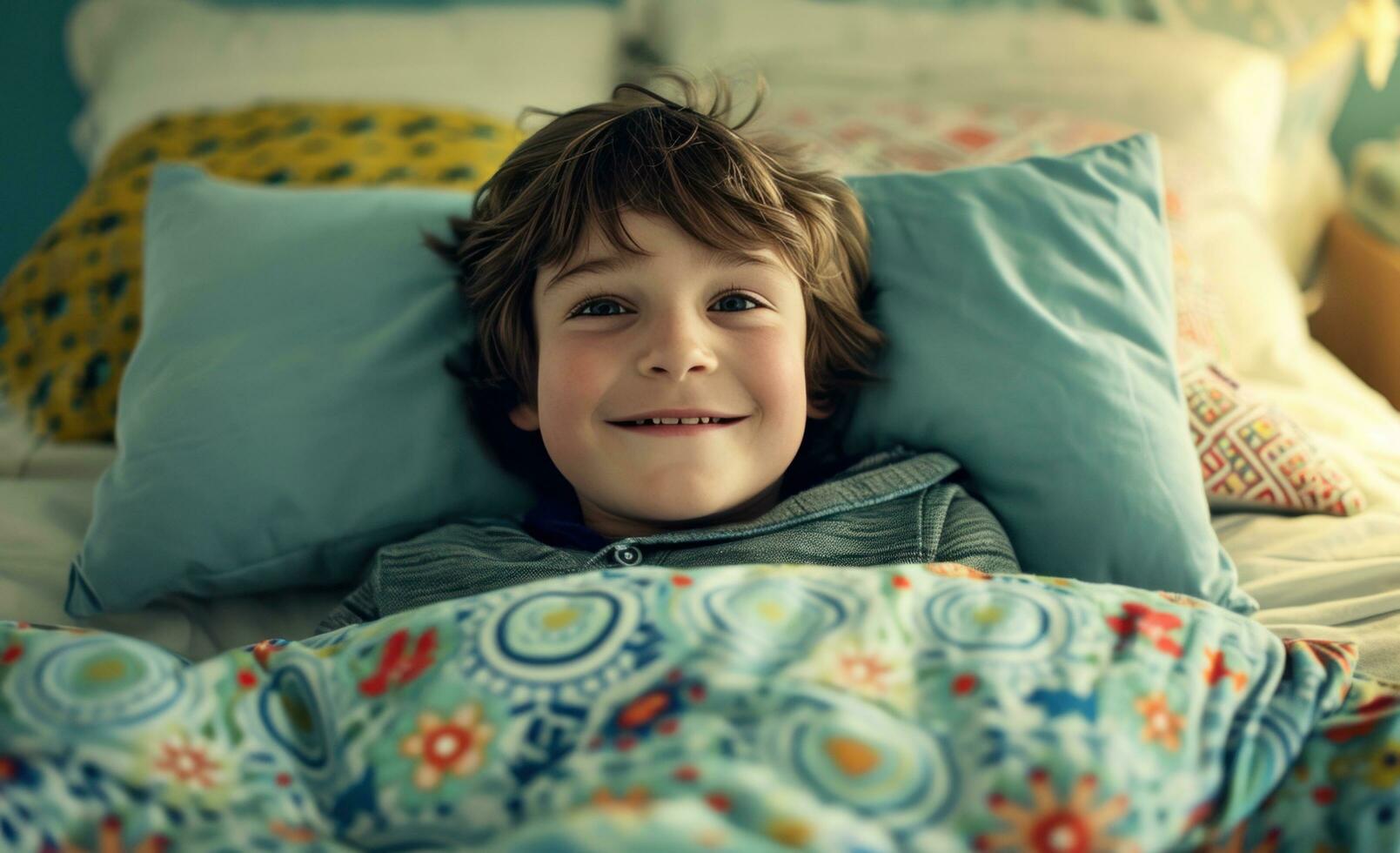 AI generated boy smiling in bed photo