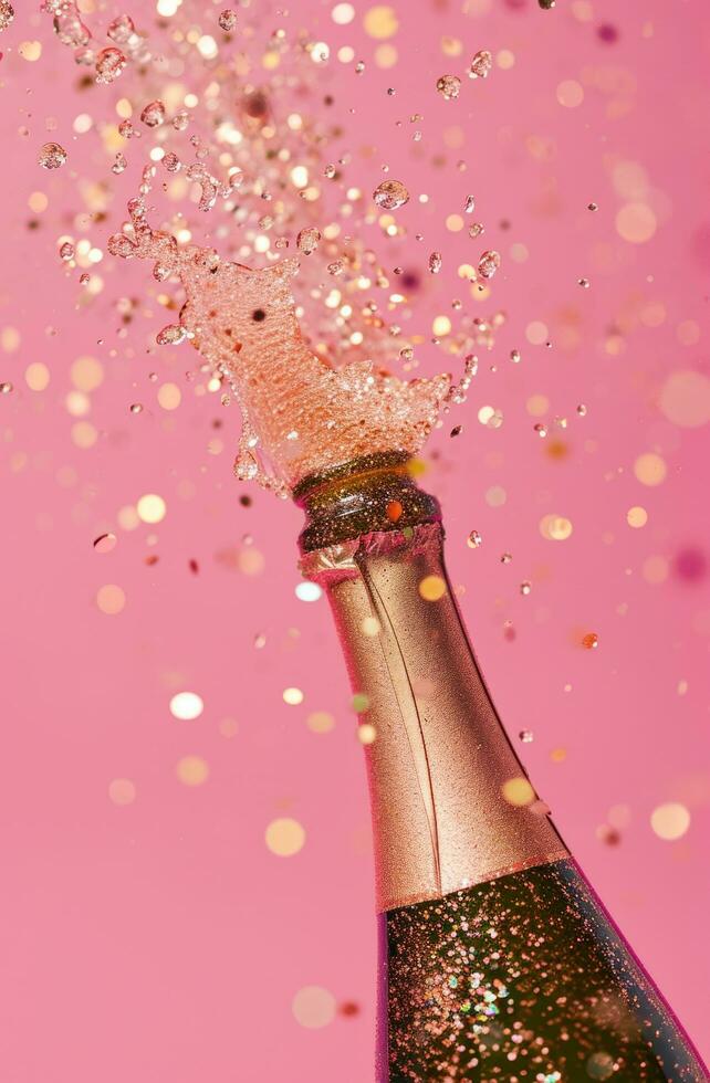 AI generated champagne bottle falling on a pink background photo