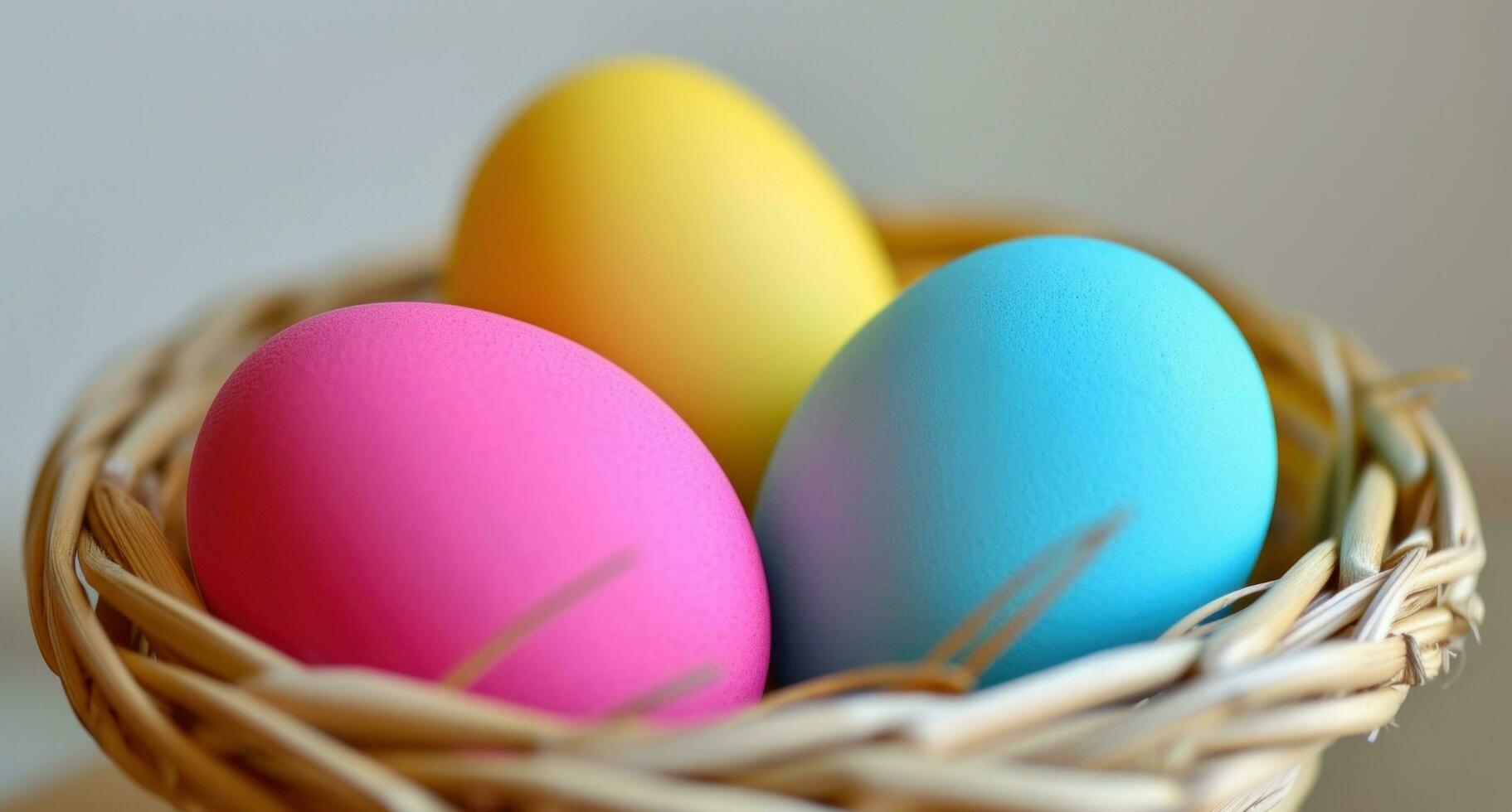 AI generated bright colored eggs are shown in a wicker basket photo