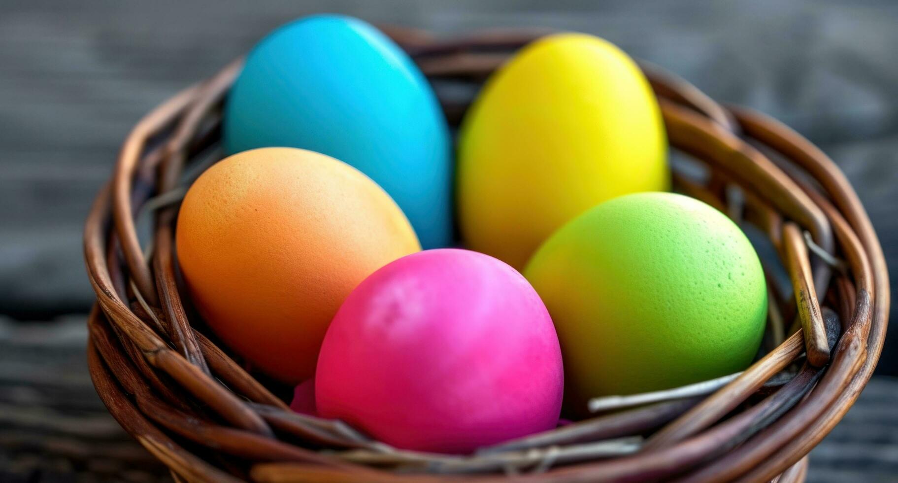 AI generated bright colored eggs are shown in a wicker basket photo