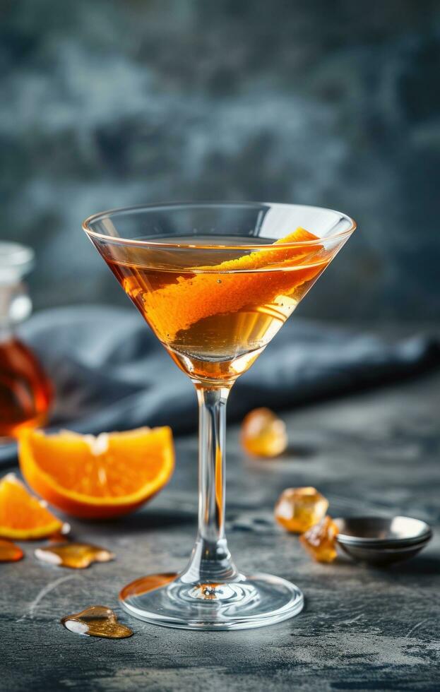 AI generated flavored martini with orange on grey background with drip photo